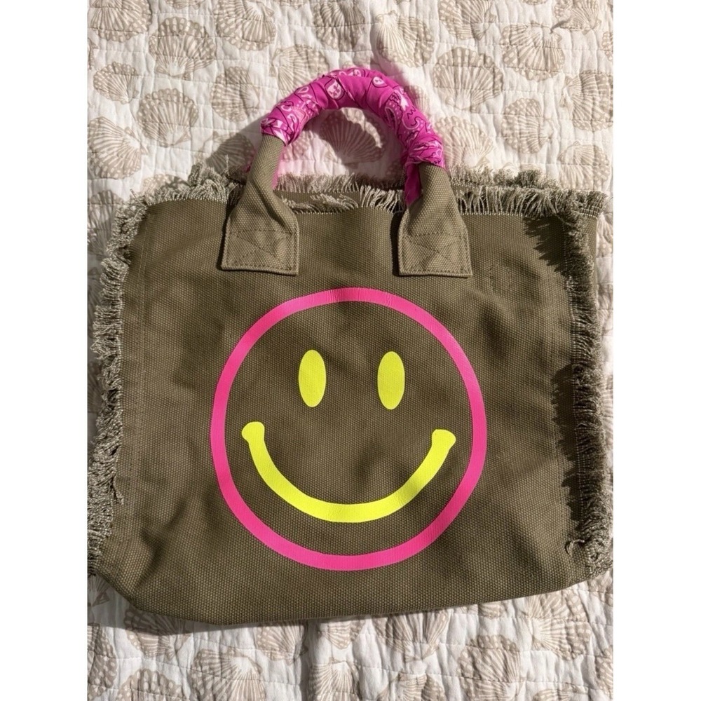 Vintage Hipchik Couture hobo chic Denim Smiley Face Tote Distressed Fringe bag